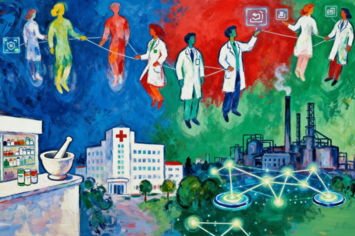 Illustrazione pittorica astratta, in stile olio, raffigurante farmacisti collegati e in collaborazione tra farmacia, ospedale, industria e digitale, con nodi e linee luminose che simboleggiano una comunità professionale integrata,