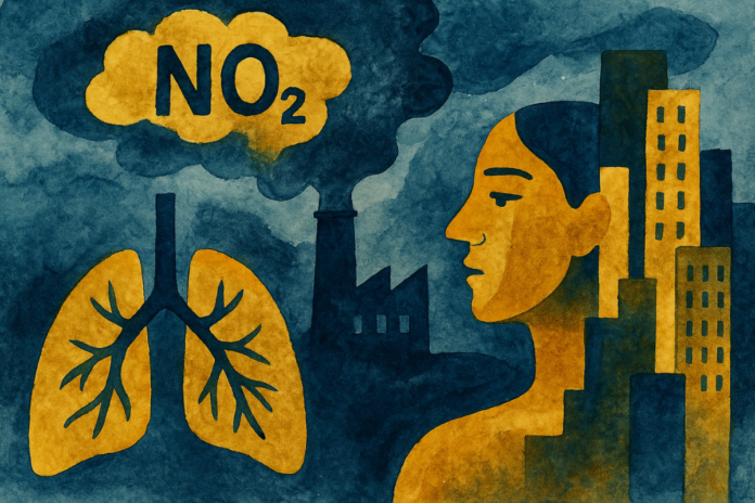 Illustrazione pittorica con polmoni stilizzati, una ciminiera che emette NO₂ e una figura umana circondata da edifici, a rappresentare l’impatto dell’inquinamento atmosferico sulla salute.