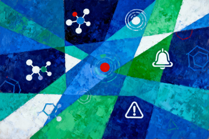 Astratta pittura a olio che rappresenta la complessità delle interazioni farmacologiche nella farmacia di comunità.