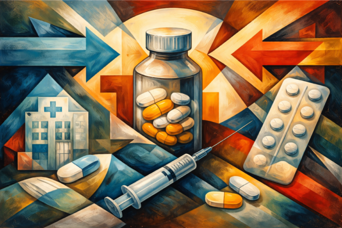 Illustrazione astratta che rappresenta in modo concettuale l’accesso agli antibiotici critici in ambito ospedaliero, con elementi simbolici di farmacia, flussi di approvvigionamento e governance sanitaria.