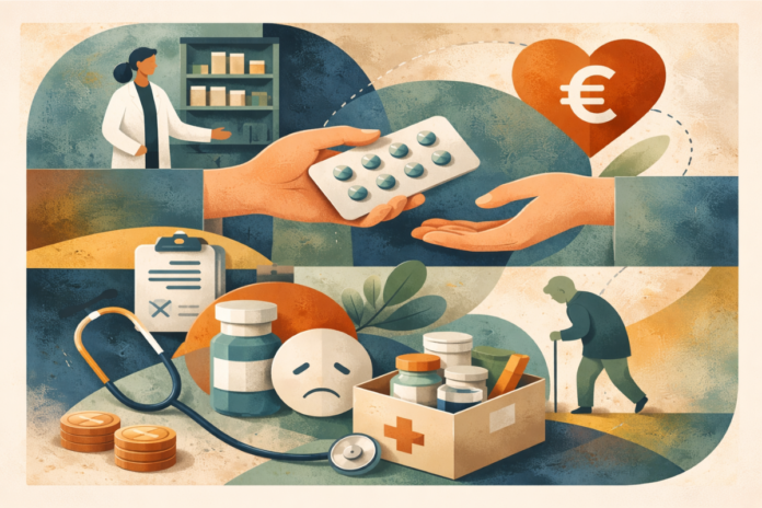 Illustrazione astratta in stile pittorico che evoca l’accesso alle cure, la farmacia di comunità e la povertà sanitaria.