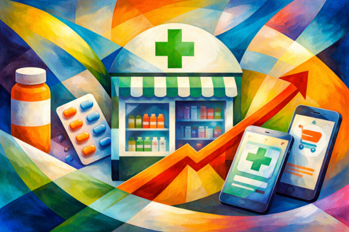 Illustrazione astratta, con forme geometriche sovrapposte e colori a olio vividi. Le composizioni evocano equilibrio, stagionalità e centralità della farmacia come presidio sanitario in un mercato in evoluzione.